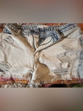 VERVET Light Blue and White Distressed Jean Shorts